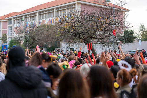 Crowd having fun at Carnival in Lisbon, Portugal