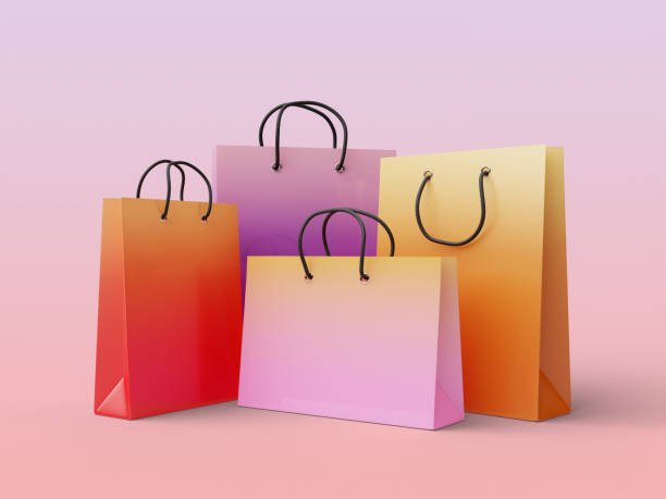 Set of glossy shopping bags in gradient colors on a sweet pastel background, 3d render illustration with clipping path stock photo