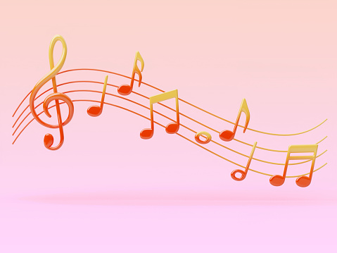 Colorful music notes with red and yellow gradient glossy on pastel background 3D render illustration with clipping path.