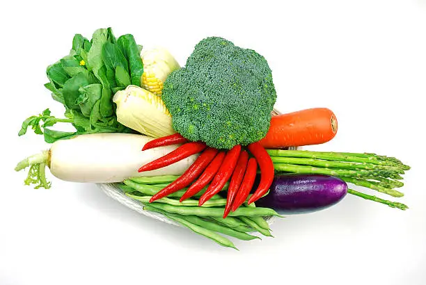 Full Basket of Mixed Vegetables over white background