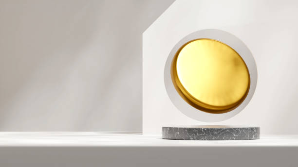 istock Black marble podium 3d rendering mockup scene in landscape with gold circle and white wall backdrop 1467497140
