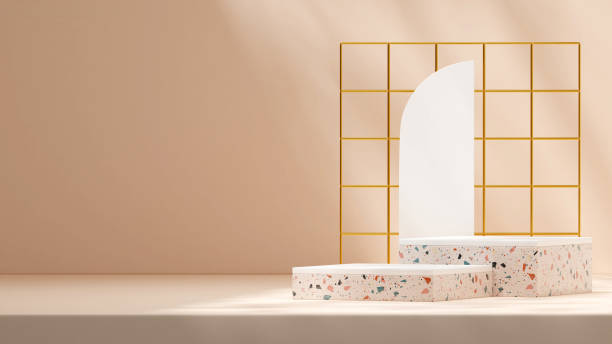 istock 3d rendering white and terrazzo texture podium mockup template in landscape with gold grid 1467497176