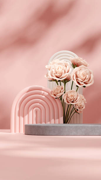 istock 3d rendering mockup template concrete texture podium in portrait with pink rose and arch 1467497252