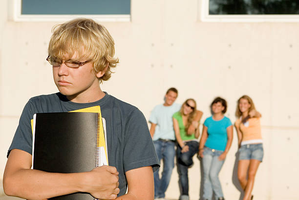 group of bulllies bullying sad student