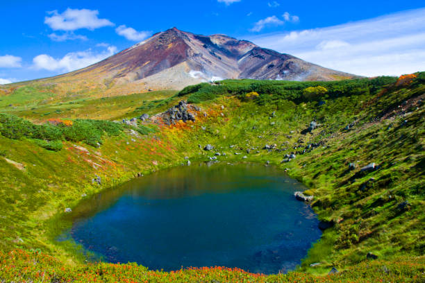 belles couleurs d’automne au mont asahidake, hokkaido, japon. - parc national de daisetsuzan photos et images de collection