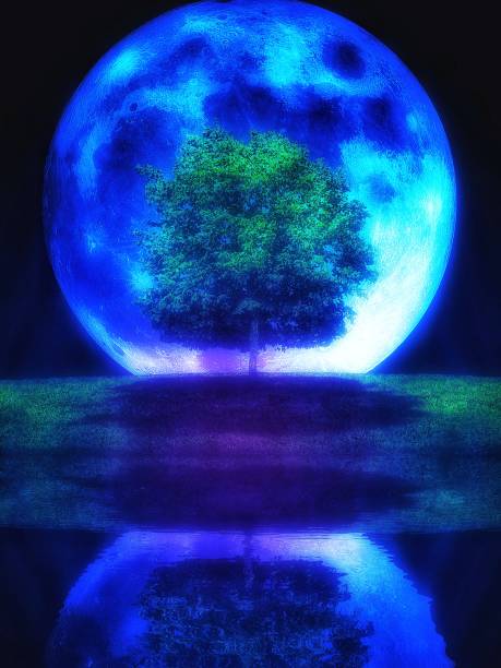 istock 3d illustration of a glowing abstract blue full moon and a lone green tree 1467504788