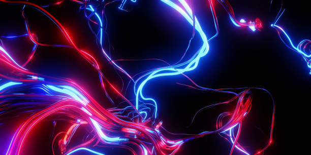 istock 3d rendering. Abstract minimalist background with colorful glowing neon lines. 1467506436