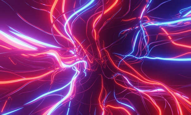 istock 3d rendering. Abstract minimalist background with colorful glowing neon lines. 1467506450
