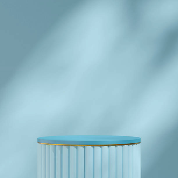 istock empty scene sky blue and gold podium in square blue wall and sun light 3D rendering 1467510114