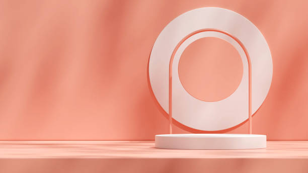 istock Landscape layout of arch and circle pink 3D image render blank space white cylinder podium 1467510640