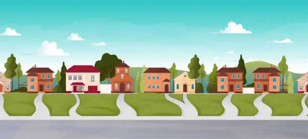 Vector illustration of Neighborhood street. Suburb house landscape. City homes road. Suburban town garden. Residential building. Real estate. District panorama. Village mansion. Vector cartoon background