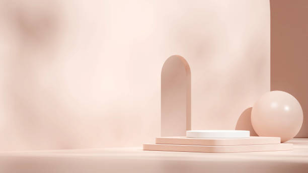 istock light red and white podium in landscape arch and sphere background wall 3D render empty scene 1467513415