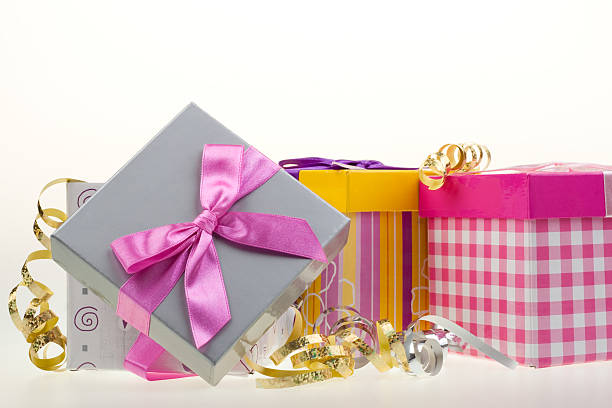 Various gift boxes with bow and ribbon stock photo
