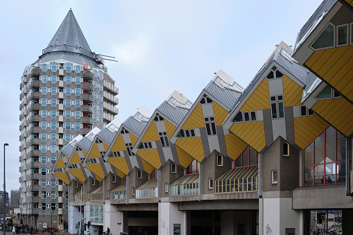 Rotterdam, Netherlands - February 11, 2023:  The cube houses in Rotterdam - the Netherlands, designed by architect Piet Blom
