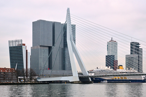 Rotterdam, Netherlands - February 11, 2023: De Rotterdam is a building on the Wilhelminapier in Rotterdam, designed by the Office for Metropolitan Architecture in 1998.