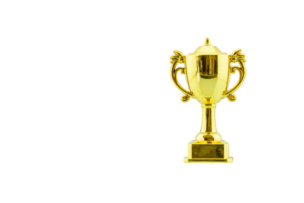istock Golden trophy cup, dual handle neo-classic, isolated on white. Trophy is a tangible, durable reminder of a specific achievement, serves as recognition or evidence of merit, awarded for sporting events 1467518902