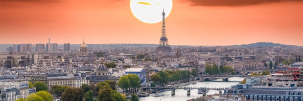 Paris, panorama of the Eiffel tower, with the Seine and bridges, and the most famous monuments