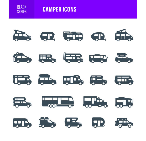 ilustrações, clipart, desenhos animados e ícones de camper icons silhuetas pretas - semi truck vehicle trailer truck empty