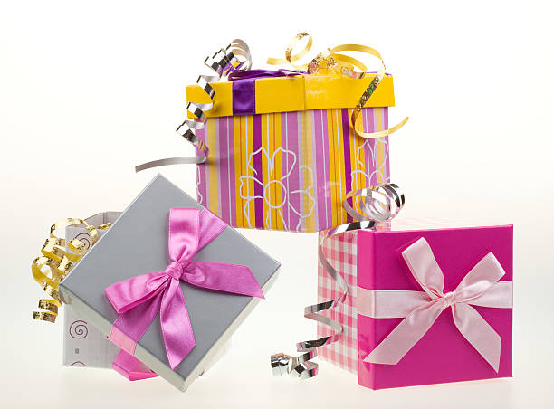 Various gift boxes with bow and ribbon stock photo