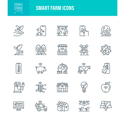 Smart Farming Icons. Editable Stroke. Agriculture, Farmer, Internet of Things, Intelligence, Data, Neural Network