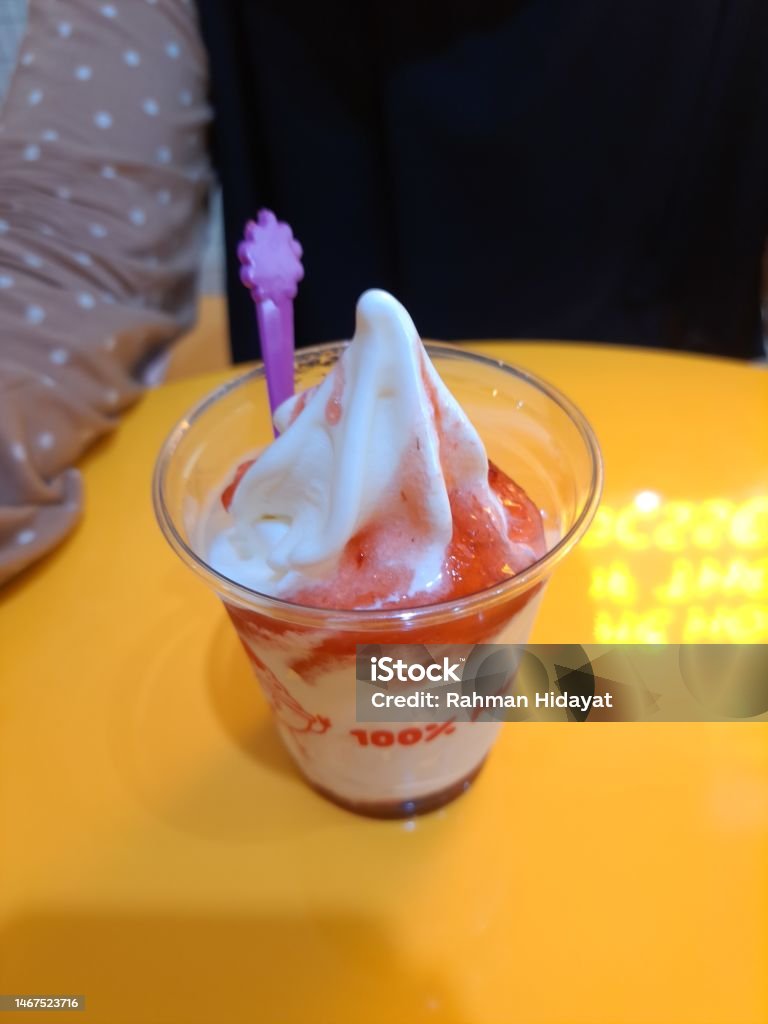 Strawberry Vanilla Ice Cream Cup Stock Photo