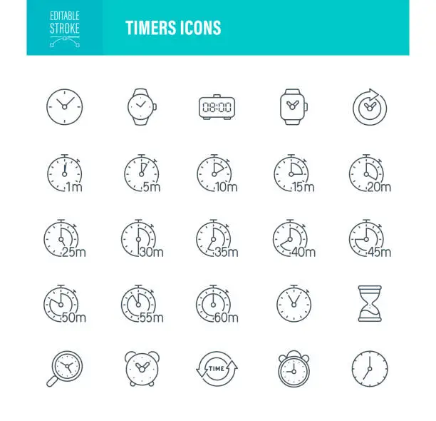 Vector illustration of Timers Icons Editable Stroke. Contains such icons as Time, Clock, Alarm Clock, Hourglass, Stopwatch, Timer, Smart Watch, Time Zone