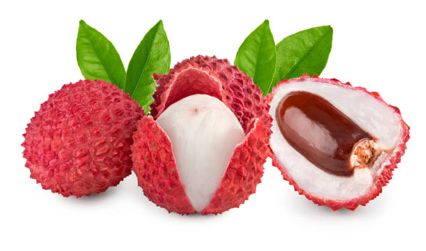 istock fresh lychee with slices and green leaves isolated on white background. clipping path 1467524154