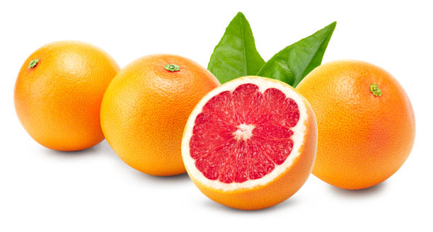 istock grapefruit with half of grapefruit and green leaves isolated on white background. clipping path 1467524301