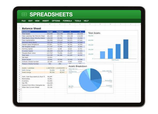 Digital tablet with sample spreadsheet document on the screen stock photo