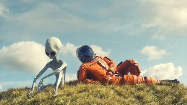 Cosmonaut laying on grass with an alien . Friendship and diversity concept . This is a 3d render illustration .