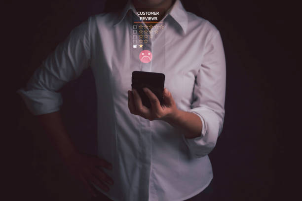 Idea for Customer Experience dissatisfied, Unhappy Businesswoman Client with Sadness Emotion Face on smartphone screen, Bad review, bad service dislike bad quality, low rating, social media not good.