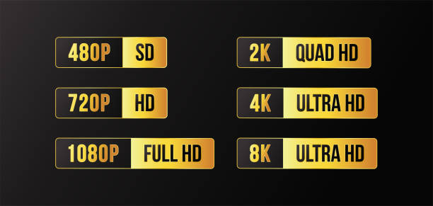 480, 720, 1080, 2k, 4k, 8k ultra hd-logos mit hdr-erwähnung, bildschirmauflösung definition goldenes rechteckbalken-aufkleber-design. - hd 1080 stock-grafiken, -clipart, -cartoons und -symbole