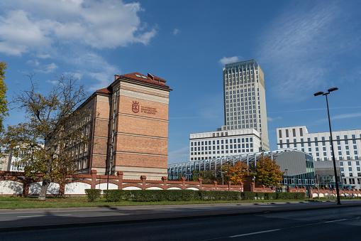 Krakow, Poland - October 8, 2022: Unity Centre Tower or Szkieletor. Multifunctional business center, high-rise building in Kraków, near the Mogilskie Roundabout and Cracow University of Economics.