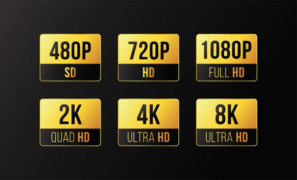 480p sd, 720p hd , 1080p fhd, 2k quad hd, 4K ultra hd, 8k Ultra HD icon with HDR mention, screen display resolution. Gold rectangle sticker badge design. 480p sd, 720p hd , 1080p fhd, 2k quad hd, 4K ultra hd, 8k Ultra HD icon with HDR mention, screen display resolution. Gold rectangle sticker badge design. full hd format stock illustrations