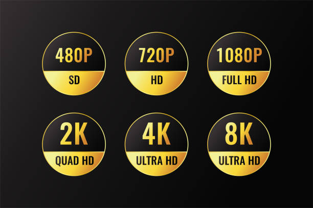 480p, 720p, 1080p, 2k, 4k, 8k ultra hd-logos mit hdr-erwähnung, monitor-display-auflösung gold rundes aufkleber-badge-design. - hd 1080 stock-grafiken, -clipart, -cartoons und -symbole