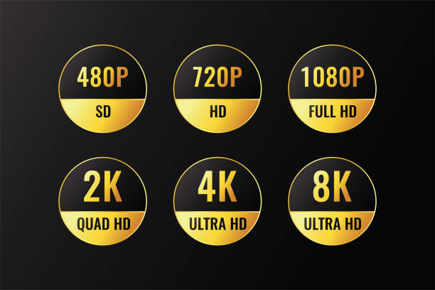 480p, 720p, 1080p, 2k, 4K, 8k Ultra HD logos with HDR mention, monitor display resolution gold round sticker badge design. 480p, 720p, 1080p, 2k, 4K, 8k Ultra HD logos with HDR mention, monitor display resolution gold round sticker badge design. dvd logo stock illustrations