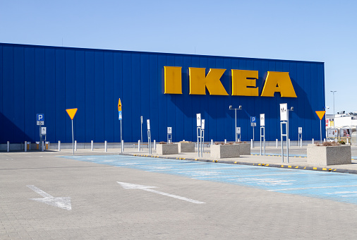 Krakow, Poland - March 27, 2022: IKEA Store in Kraków. Home furnishing retail shop. Exterior with brand logo sign, Swedish multinational company logotype.
