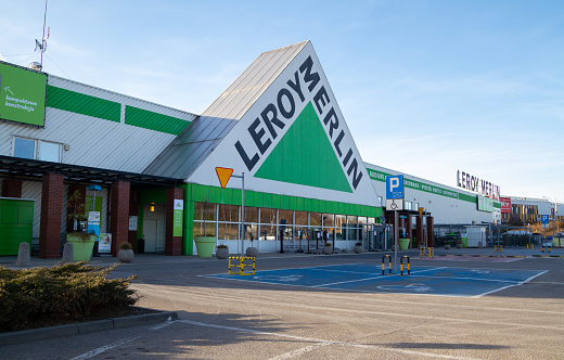 Modlniczka, Poland - March 27, 2022: Leroy Merlin shop, large signboard with brand logo sign. French retail company, home improvement retailer store in Krakow.