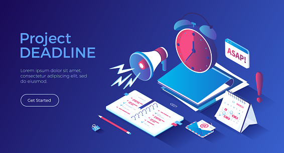 Deadline Asap. Time limit and control. Effective business, time planning and management. Red alarm clock, screaming megaphone. Isometric landing page. Vector web banner.