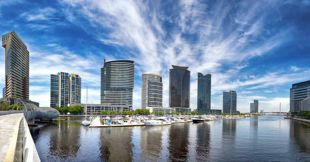 Melbourne cityscape and marina. A panorama of modern architecture and moored pleasure boats Melbourne cityscape and marina. A panorama of modern architecture and moored pleasure boats. yarra river stock pictures, royalty-free photos & images