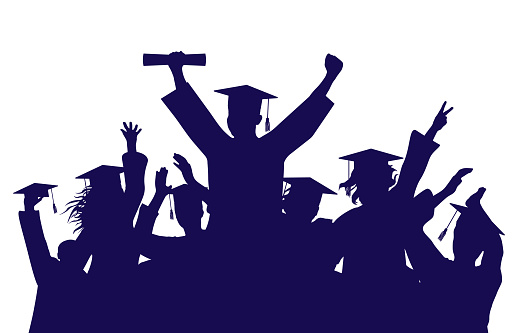 Cheerful graduate students with diploma and academic caps, silhouette. Graduation at university or college or school.  Vector illustration.