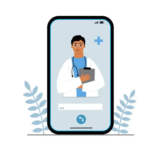 Vector illustration of Doctor online. Smartphone screen with therapist chatting in messenger and online consultation. Vector flat illustration. Ask or call your doctor. Online medical consultation, telemedicine.Vector