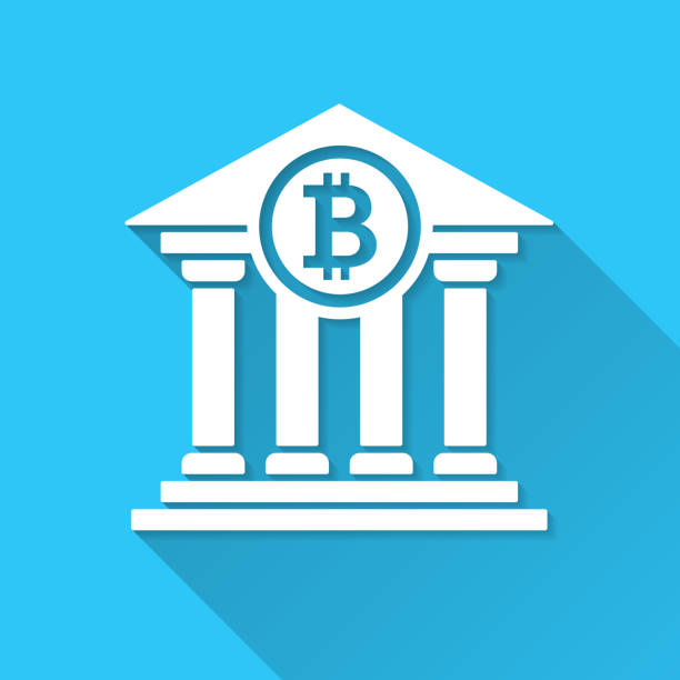 istock Bank with Bitcoin sign. Icon on blue background - Flat Design with Long Shadow 1467551739