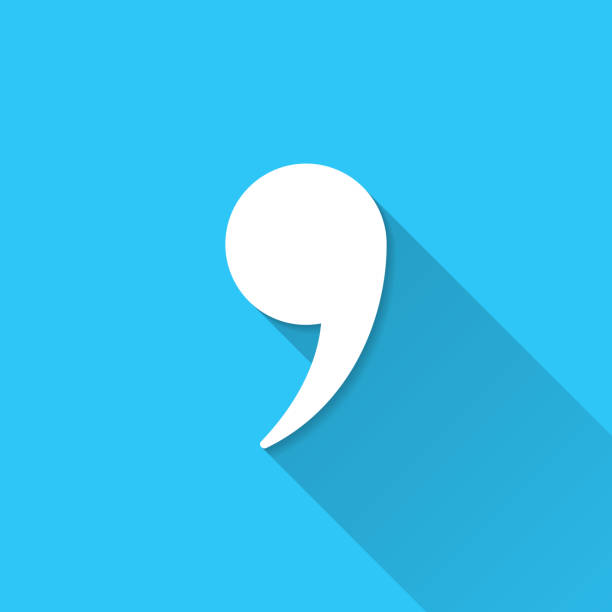 kommasymbol. symbol auf blauem hintergrund - flaches design mit langem schatten - komma stock-grafiken, -clipart, -cartoons und -symbole