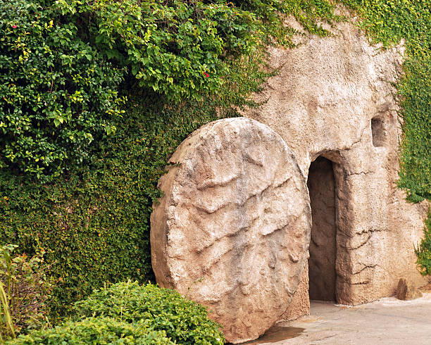 The entrance of a replica of the tomb where Jesus was buried with the stone rolled away.