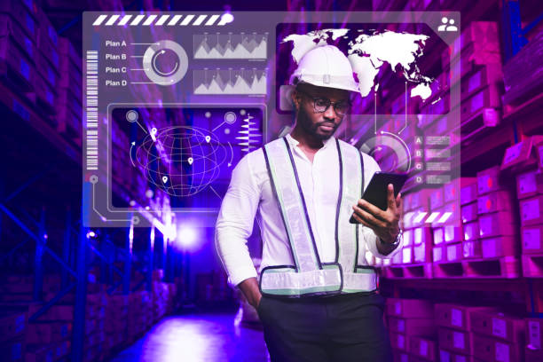 istock Futuristic smart warehouse and logistics concept, Warehouse staff working on data seeking with hologram virtual interface searching panel of global logistics network distribution and transportation center 1467553349