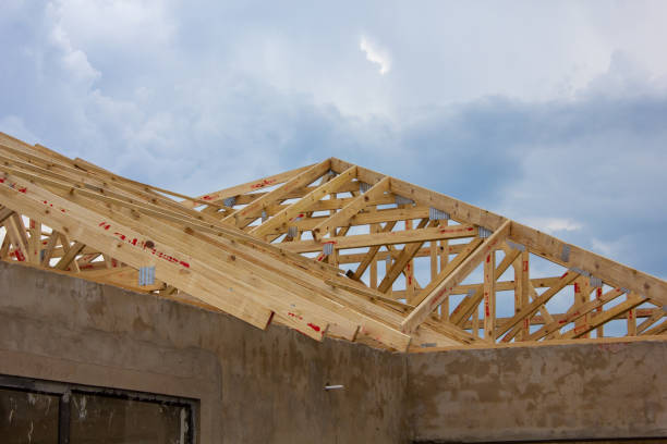 istock Roof trusses on an unfinished building 1467554027