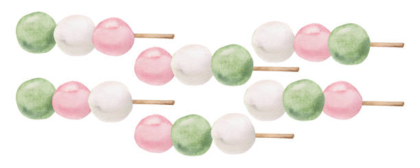 Watercolor hand drawn traditional Japanese sweets. Three color dango, pink, white and green. Isolated on white background. Design for invitations, restaurant menu, greeting cards, print, textile Watercolor hand drawn traditional Japanese sweets. Three color dango, pink, white and green. Isolated on white background. Design for invitations, restaurant menu, greeting cards, print, textile. food sample cups stock illustrations