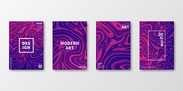 Set of four vertical brochure templates with modern and trendy backgrounds, isolated on blank background. Abstract illustrations with a fluid, liquid effect and a beautiful color gradient (colors used: Pink, Purple, Blue). Can be used for different designs, such as brochure, cover design, magazine, business annual report, flyer, leaflet, presentations... Template for your own design, with space for your text. The layers are named to facilitate your customization. Vector Illustration (EPS file, well layered and grouped). Easy to edit, manipulate, resize or colorize. Vector and Jpeg file of different sizes.