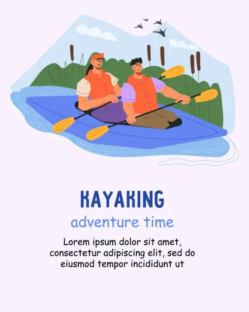 Vector illustration of Kayaking sport and adventure banner or poster background, flat cartoon vector.